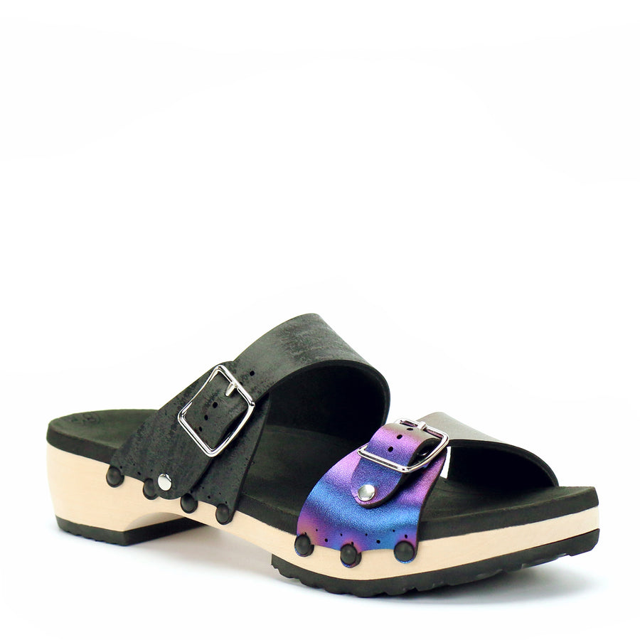 Low Clog Buckle Toe Mule in Peacock and Midnight - Mohop