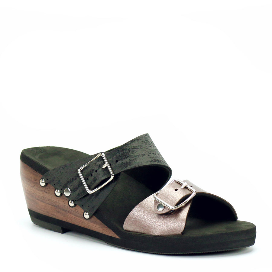 Mid Wedge Buckle Toe Mule in Rose and Midnight - Mohop