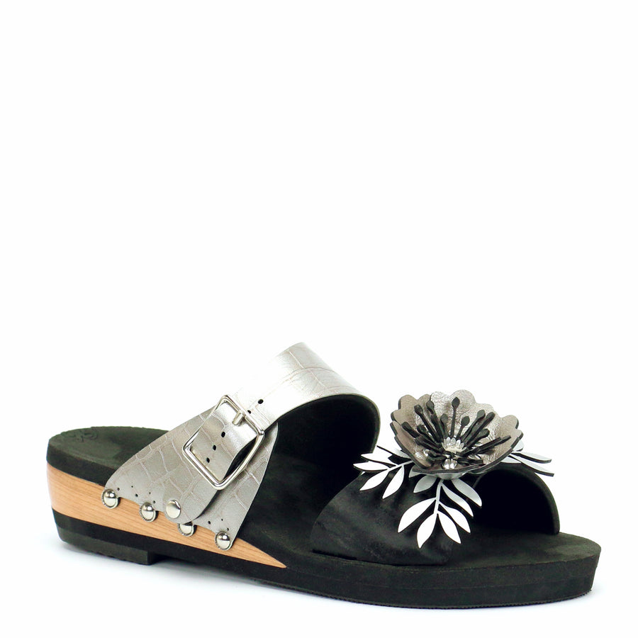 Low Wedge Flower Toe Mule in Midnight and Croc - Mohop