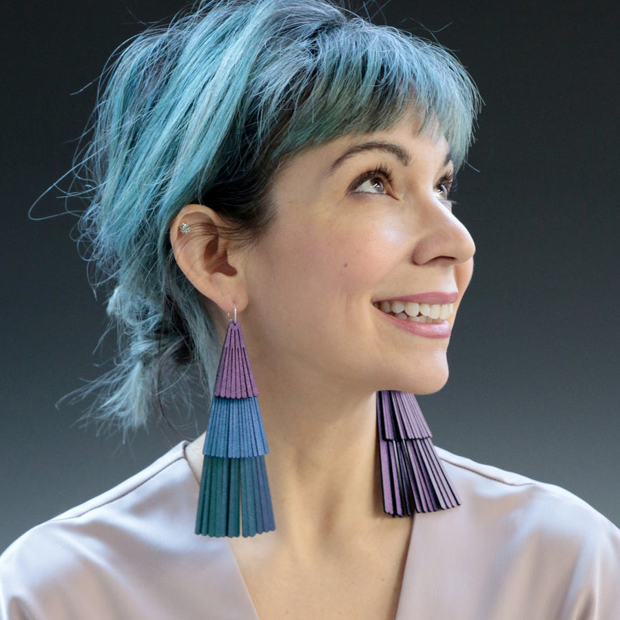 Three tier fringe fan earrings made with chameleon, peacock and amethyst vegan leather.  