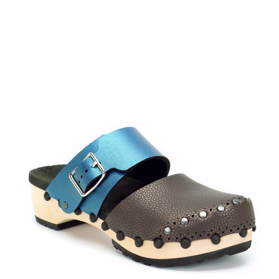 Low Clog Closed Toe Mule in Espresso and Azure - Mohop