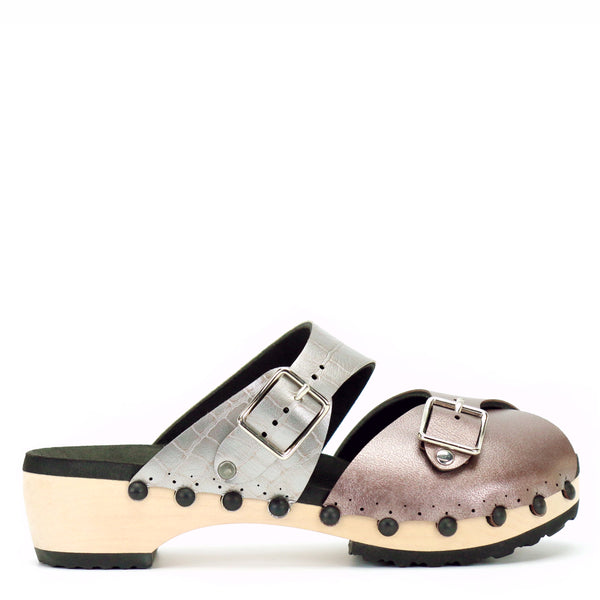Low Clog Peep Toe Mule in Rose and Croc