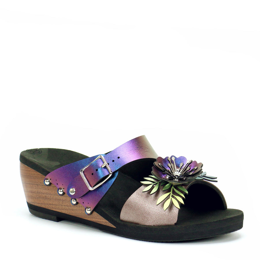 Mid Wedge Flower Toe Mule in Rose and Peacock - Mohop