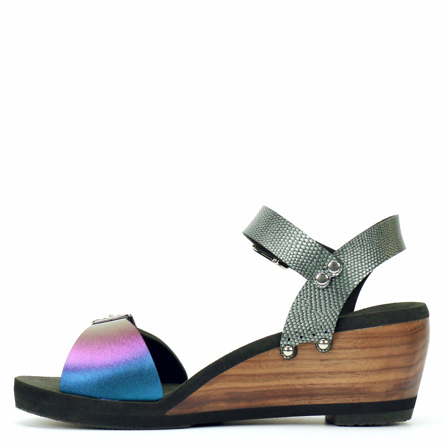 Mid Wedge Buckle Toe Ankle in Peacock and Pewter - Mohop