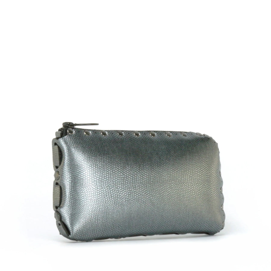 side view of pewter wallet bag showing handwoven side seam
