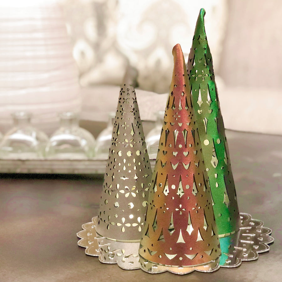 Emerald, ruby and bronze holiday luminaria with mirrored reflector