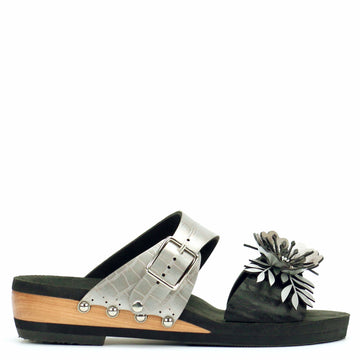 Low Wedge Flower Toe Mule in Midnight and Croc - Mohop