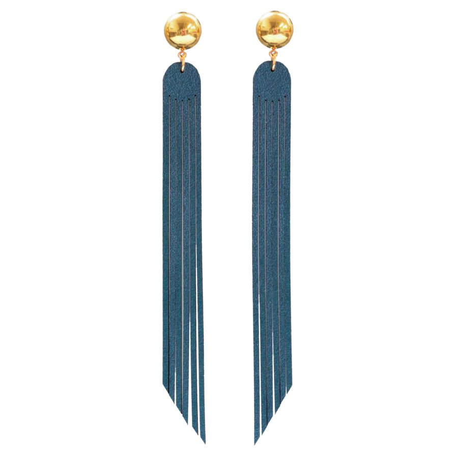 Long iridescent blue fringe earrings with a bright gold post