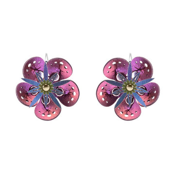 Large earrings with a purple iridescent flower and blue iridescent stamen, shown on a white background