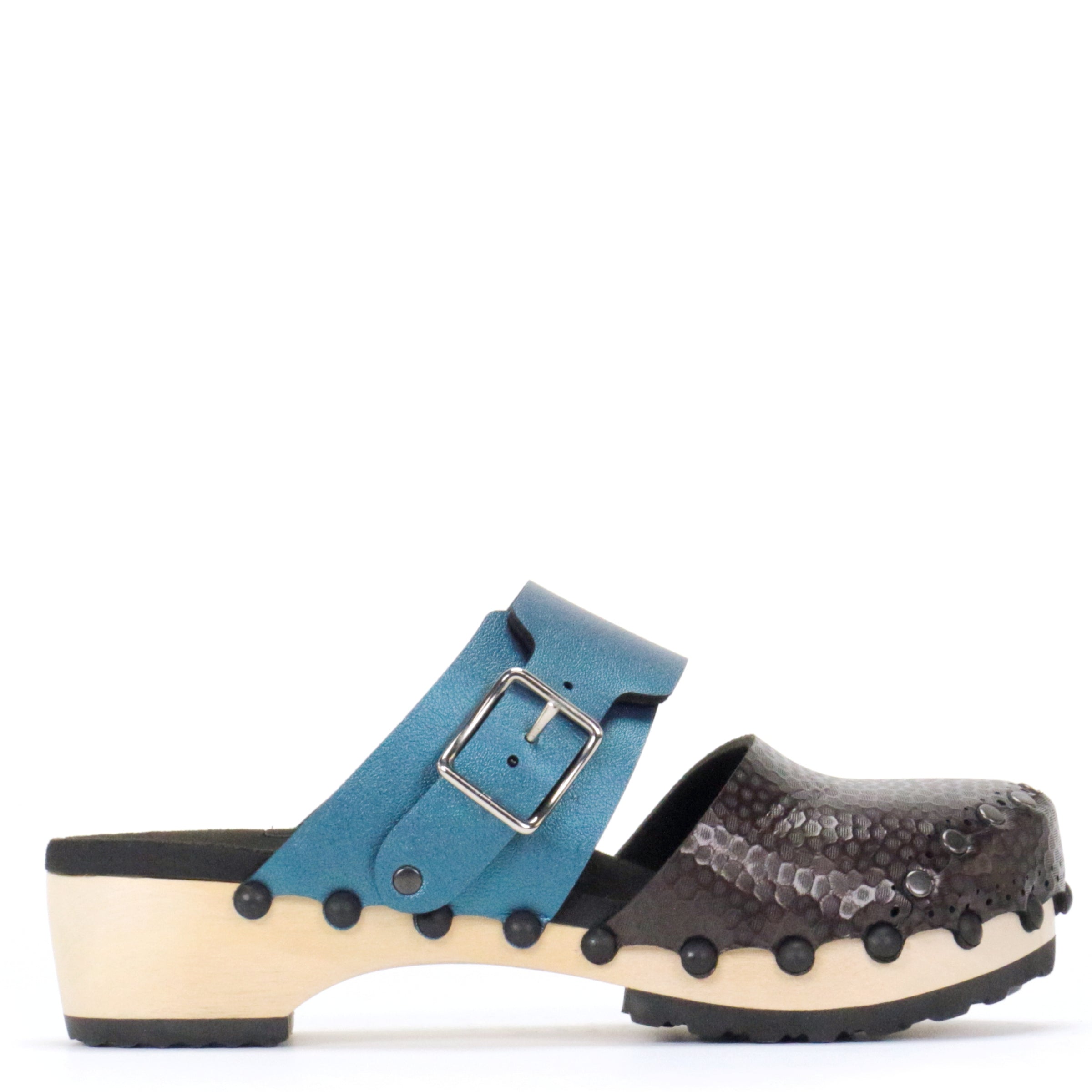 Low Clog Closed Toe Mule in Espresso and Azure - Vegan - Made in