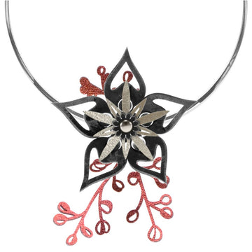 A black faux leather flower necklace with iridescent red leaves shown on a silver neck wire 