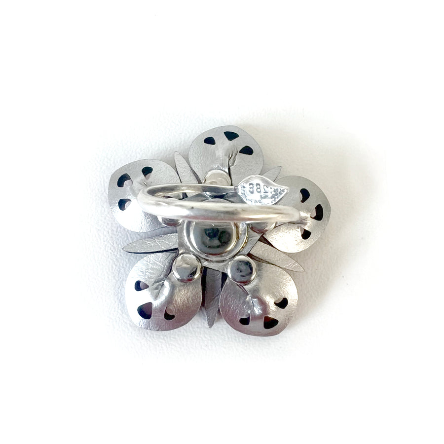 Back view of a faux leather ring in silver, with an adjustable ring