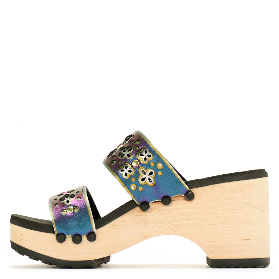 Inside view of a iridescent blue laser cut sandal with multiple layers