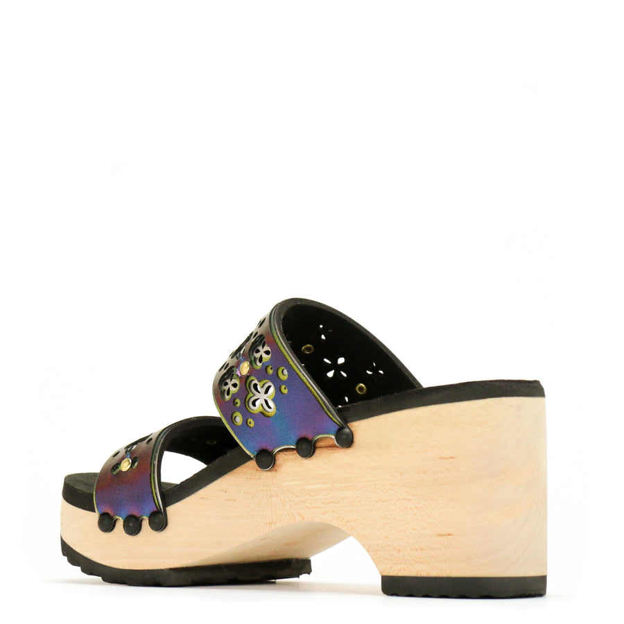 Back view of a iridescent blue laser cut sandal with multiple layers