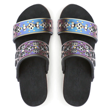 Top view of a iridescent blue laser cut sandal with multiple layers