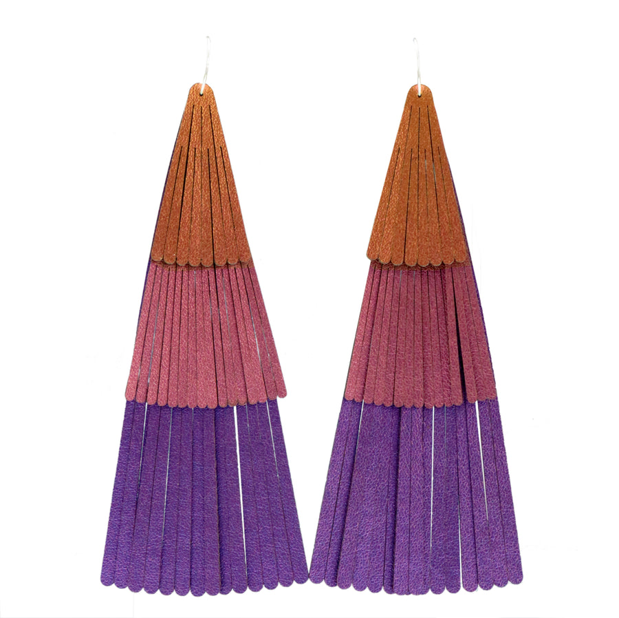 Color shifting iridescent fan fringe earrings. Made with amethyst, fuchsia and ruby vegan leathers.