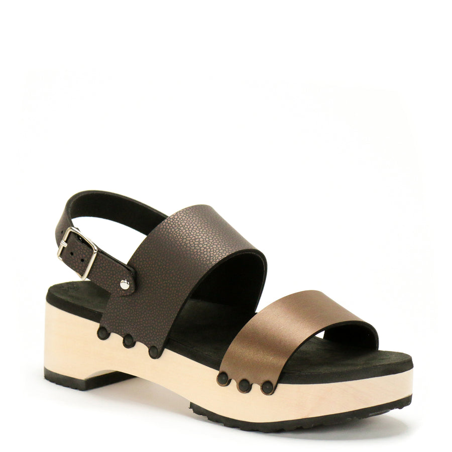 3/4 view of sandals with a deep tan front strap and brown back strap