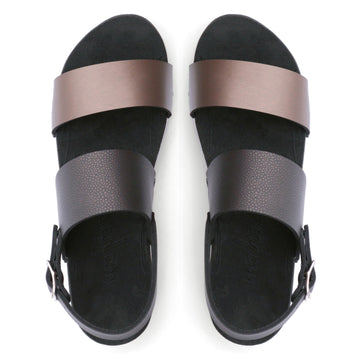 Top view of sandals with a deep tan front strap and brown back strap