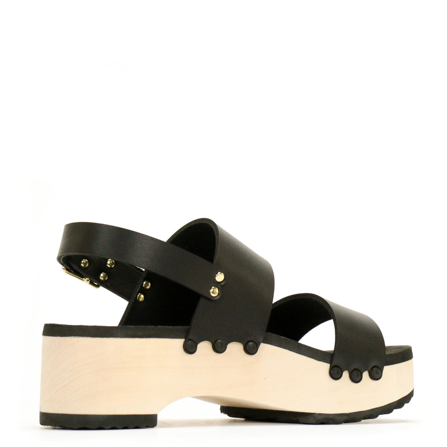 Back view of a sandal with wide chunky straps in matte black