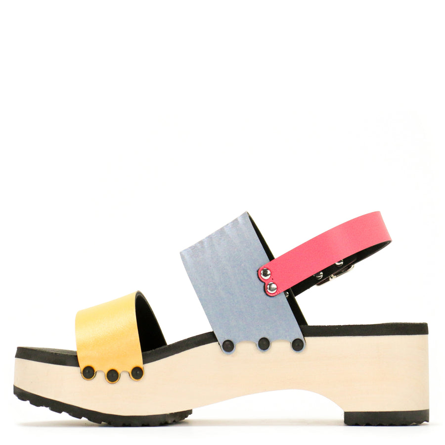 Inside view of sandals with colorblock straps in pink, yellow, green and light blue