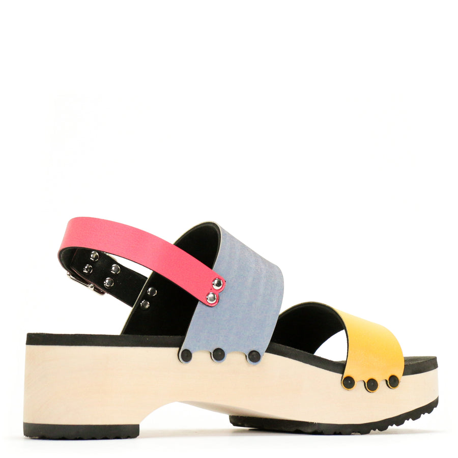 Back view of sandals with colorblock straps in pink, yellow, green and light blue