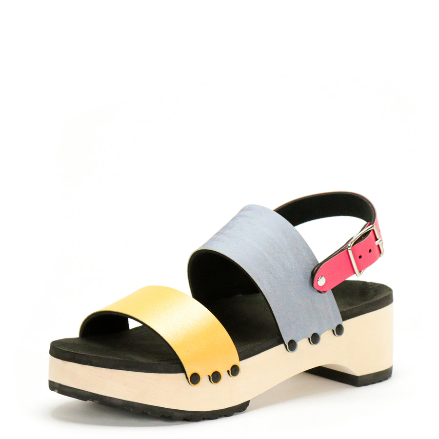 3/4view of sandals with colorblock straps in pink, yellow, green and light blue