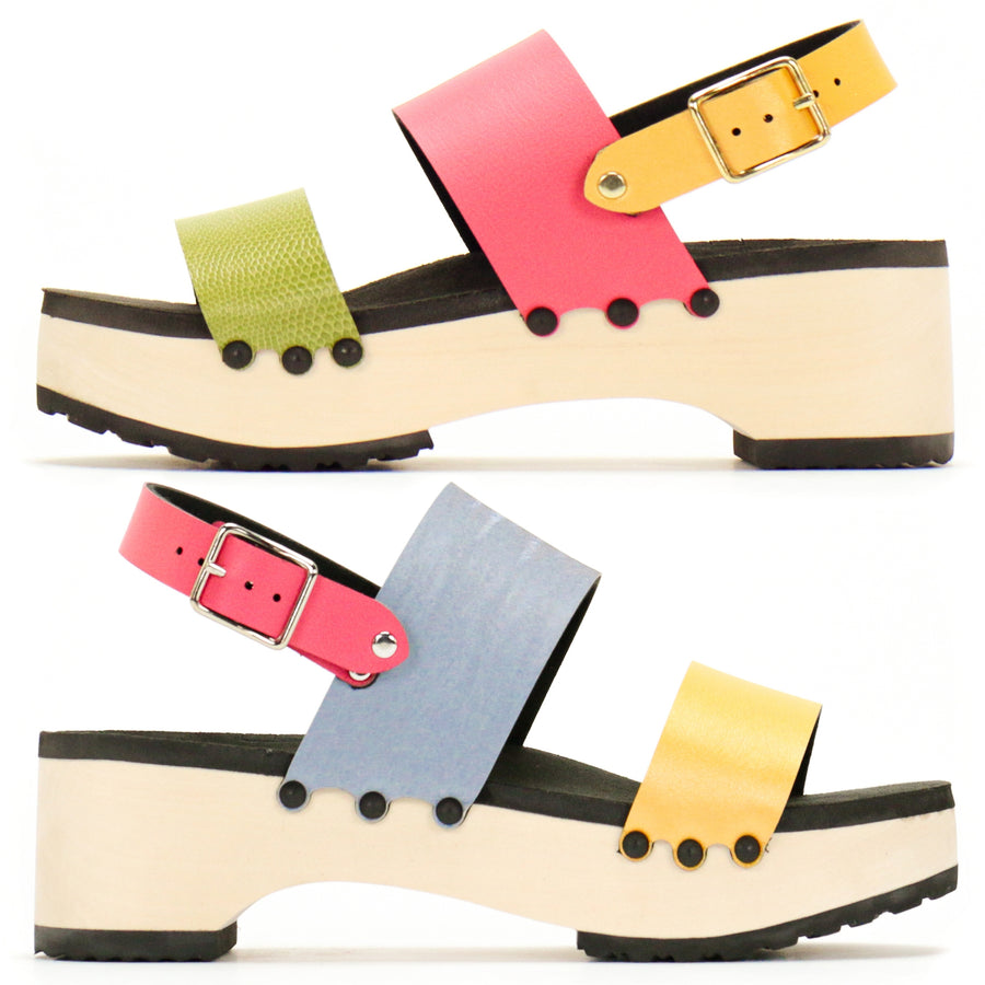 Side view of sandals with colorblock straps in pink, yellow, green and light blue