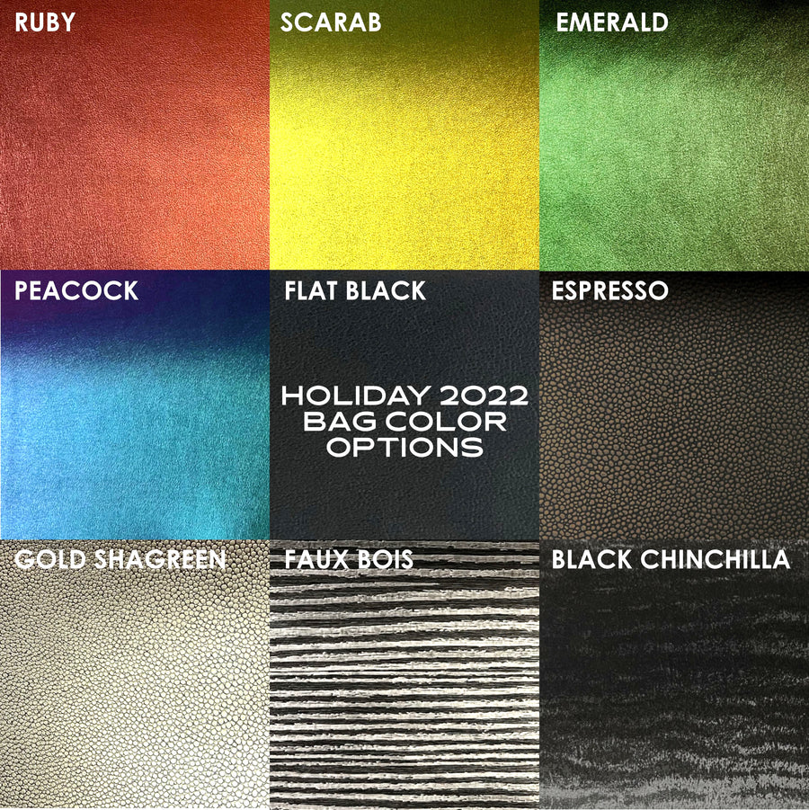 Color options for faux leather custom bag workshops: Ruby (red iridescent), Scarab (gold iridescent), Emerald (green iridescent), Peacock (blue iridescent), Flat Black, Espresso (brown/black pattern), Gold Shagreen (gold/black pattern), Faux Bois (silver), Black Chinchilla