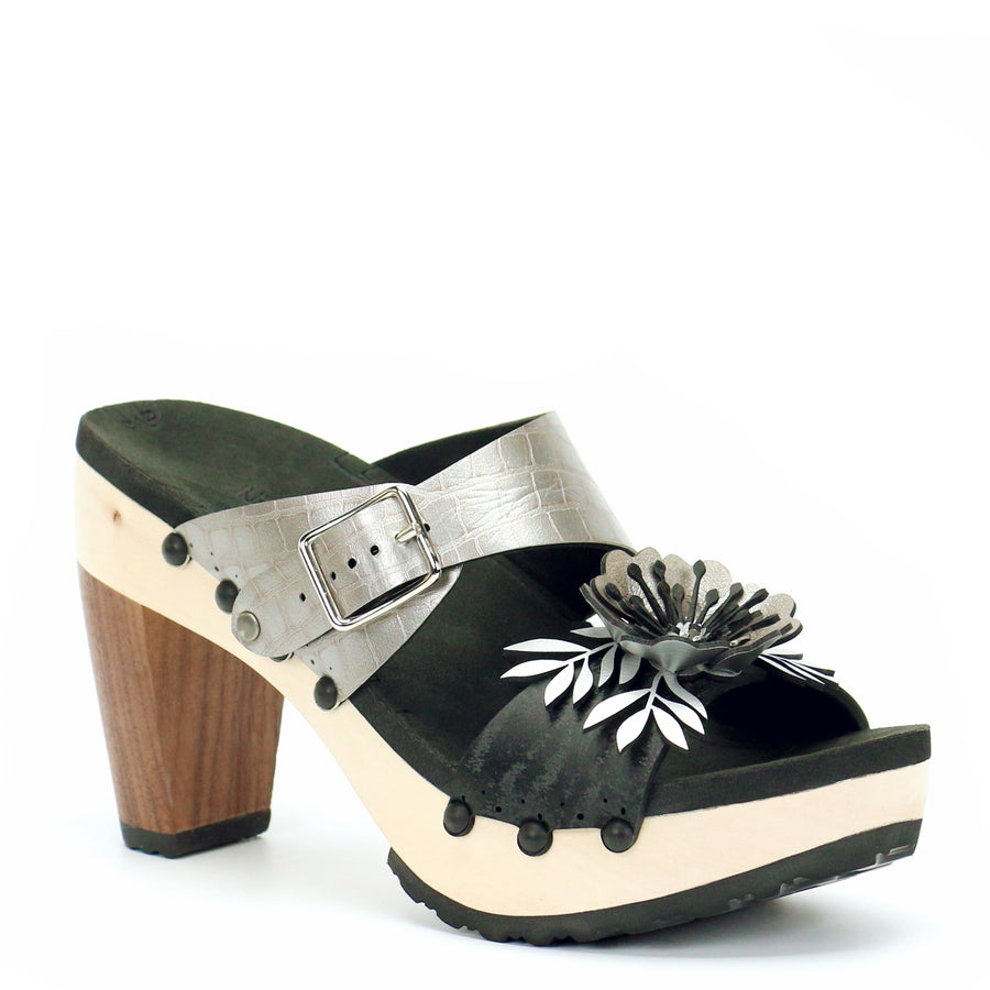 High Heel Flower Toe Mule in Midnight and Croc - Mohop