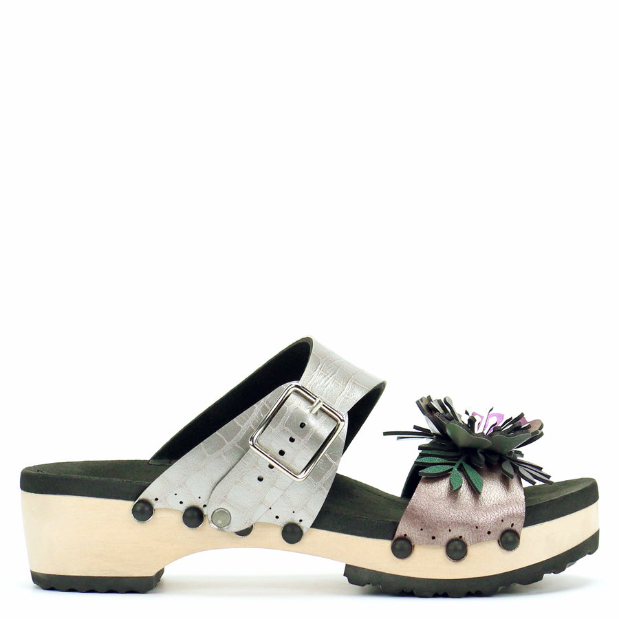 Low Clog Flower Toe Mule in Rose and Croc - Mohop