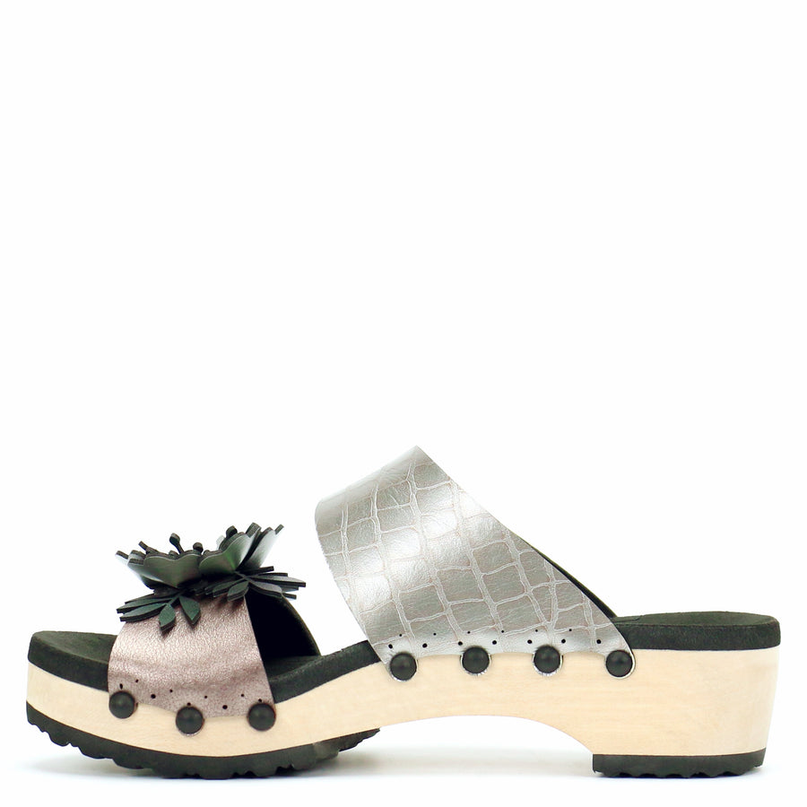 Low Clog Flower Toe Mule in Rose and Croc - Mohop