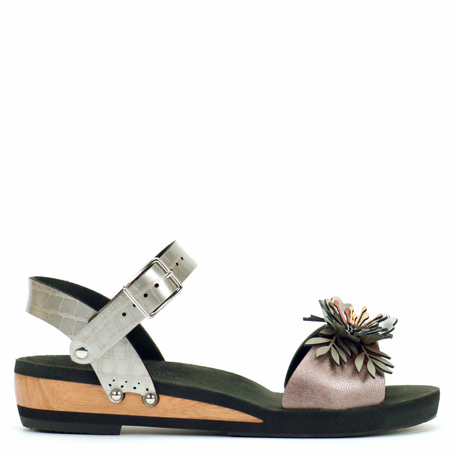 Low Wedge Flower Toe Ankle in Rose and Croc - Mohop