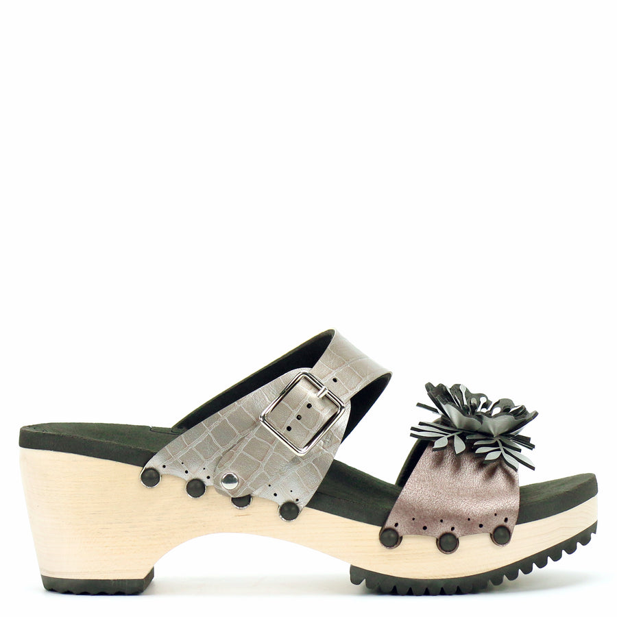 Mid Clog Flower Toe Mule in Rose and Croc - Mohop