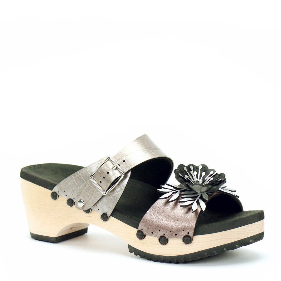 Mid Clog Flower Toe Mule in Rose and Croc - Mohop