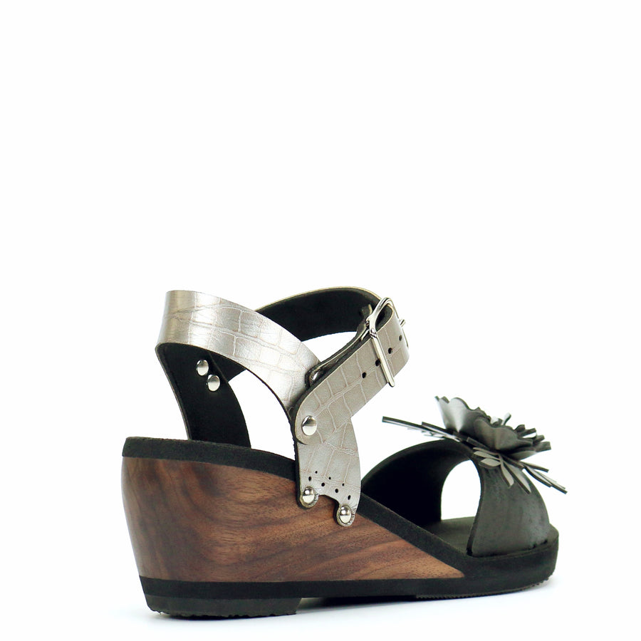 Mid Wedge Flower Toe Ankle in Midnight and Croc - Mohop