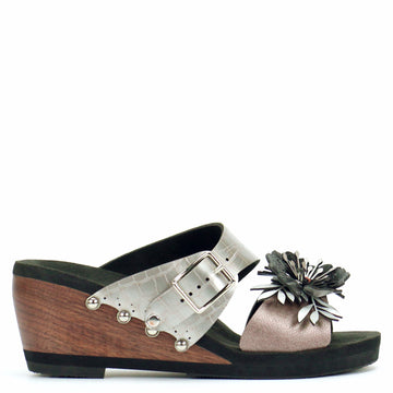 Mid Wedge Flower Toe Mule in Rose and Croc - Mohop