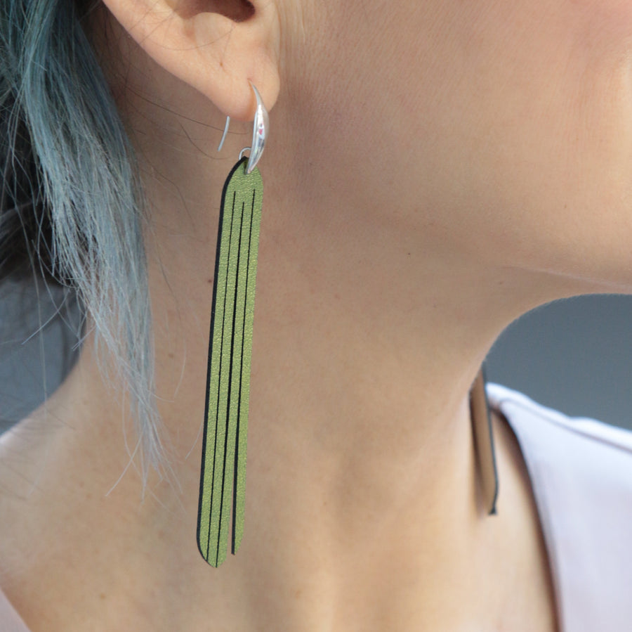 Scarab iridescent fringe earrings with silver fishhook ear wire.
