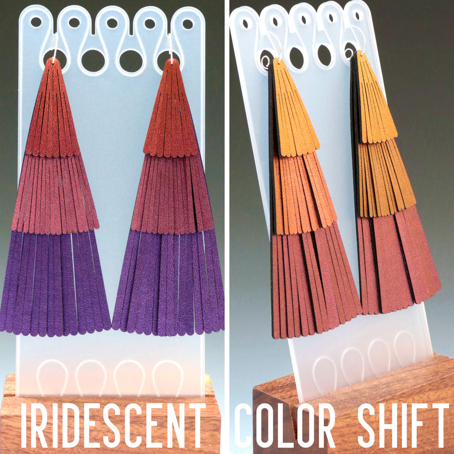Color shifting iridescent fan fringe earrings. Made with amethyst, fuchsia and ruby vegan leathers.