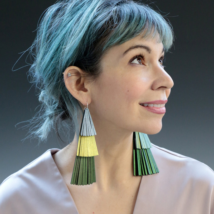 Three tier fringe fan earrings made with emerald, scarab and turquoise vegan leather.  