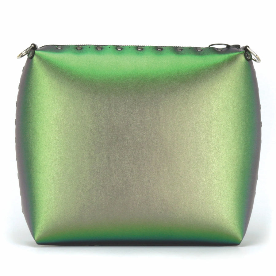 Front view of large emerald crossbody bag with no strap