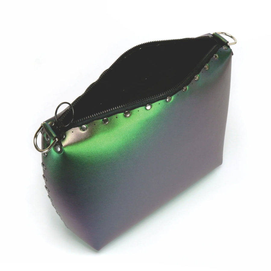 Top view of large emerald crossbody bag with zipper top