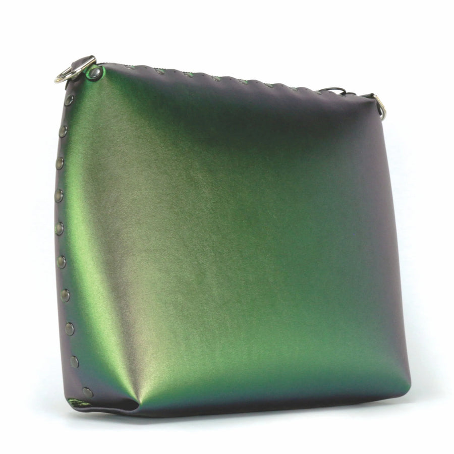 Front side view of large emerald crossbody bag