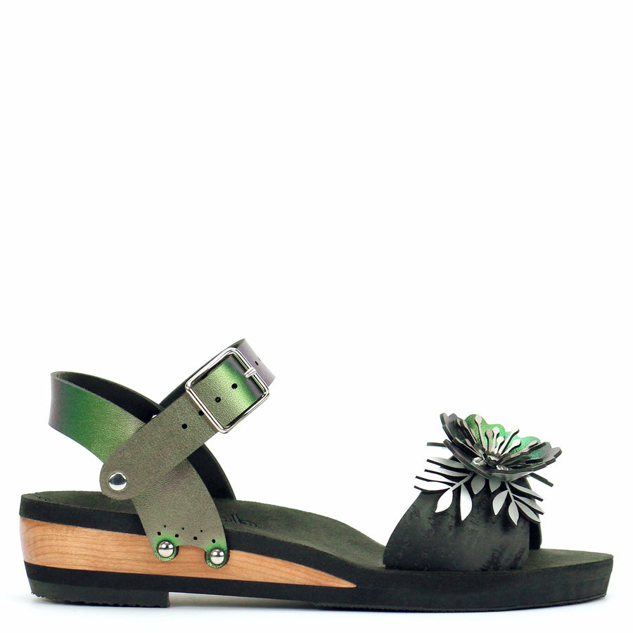 Low Wedge Flower Toe Ankle in Midnight and Emerald - Mohop