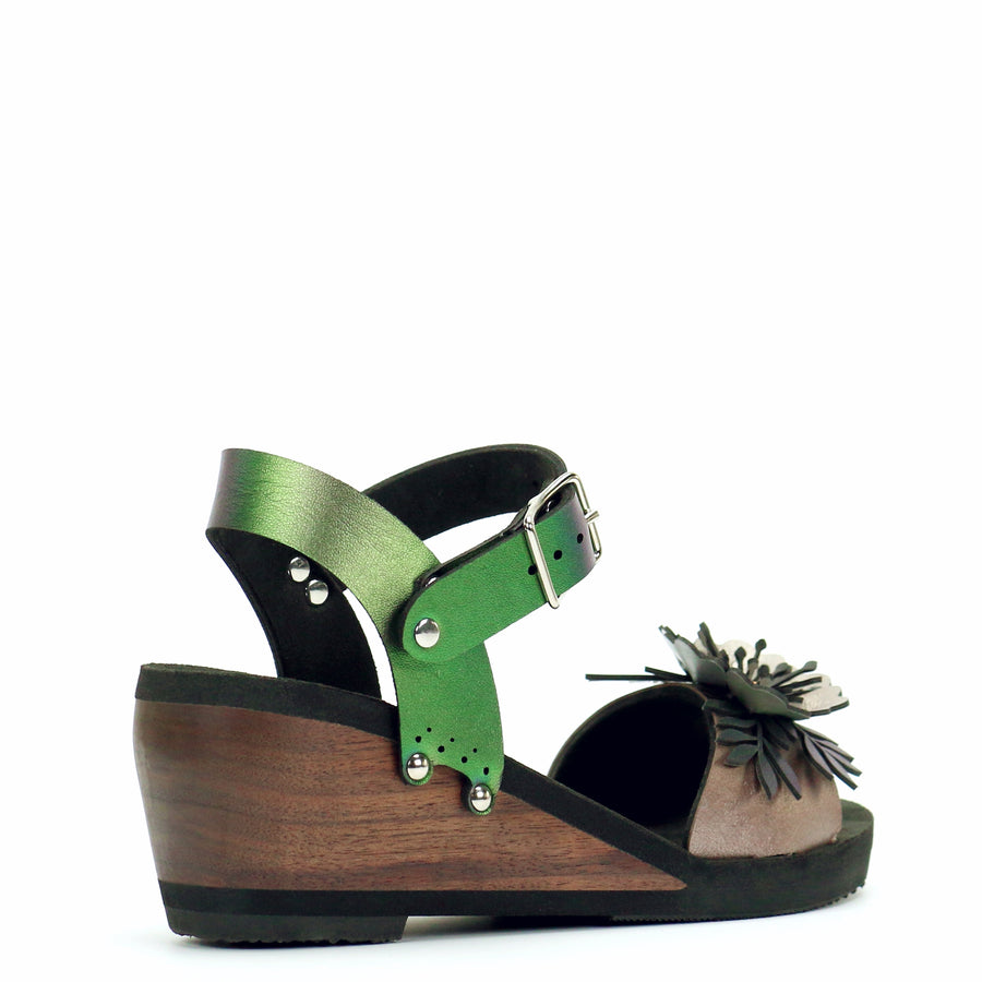 Mid Wedge Flower Toe Ankle in Rose and Emerald - Mohop