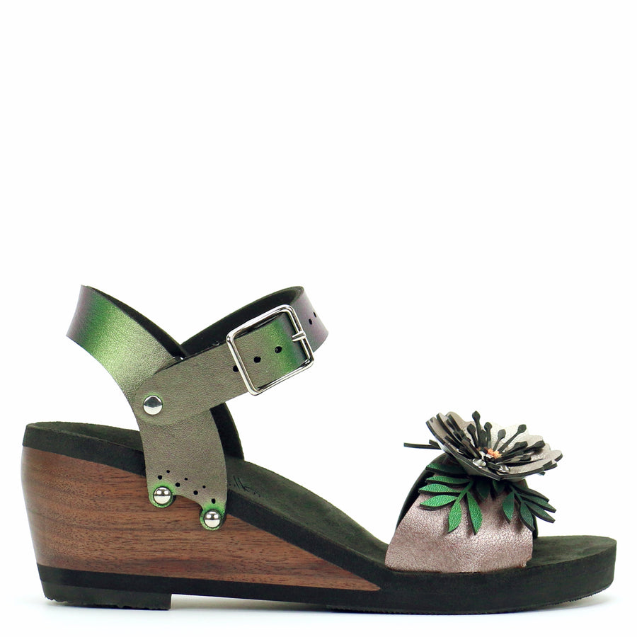 Mid Wedge Flower Toe Ankle in Rose and Emerald - Mohop