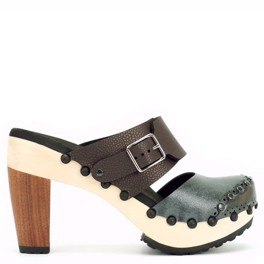 High Heel Closed Toe Mule in Slate and Espresso - Mohop