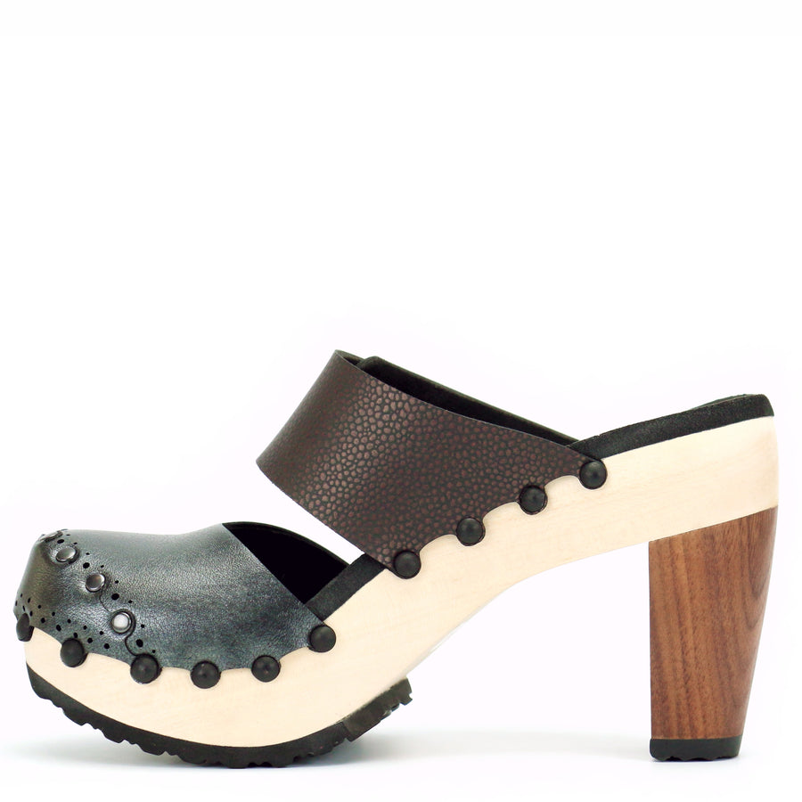 High Heel Closed Toe Mule in Slate and Espresso - Mohop