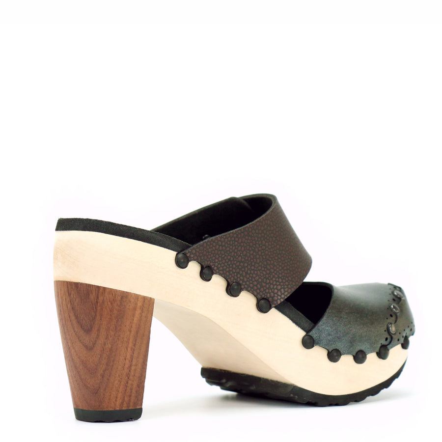 High Heel Closed Toe Mule in Slate and Espresso - Mohop