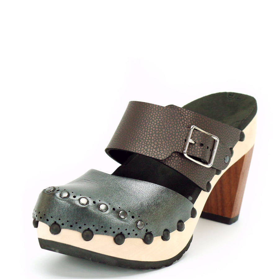 High Heel Closed Toe Mule in Slate and Espresso - Mohop