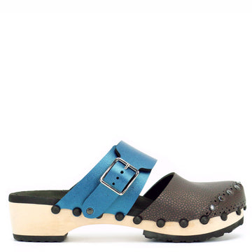 Low Clog Closed Toe Mule in Espresso and Azure - Mohop